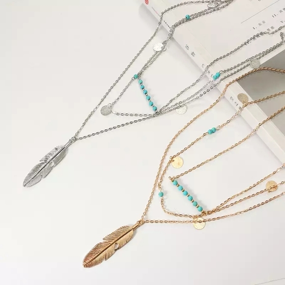 Boutique Jewelry - NEW Boho Turquoise Silver Feather Layered Necklace